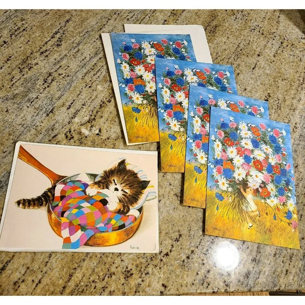 Vintage Patrick Gordon Fraser Greeting Cards Cat Girl Flowers 1970s? Get Well